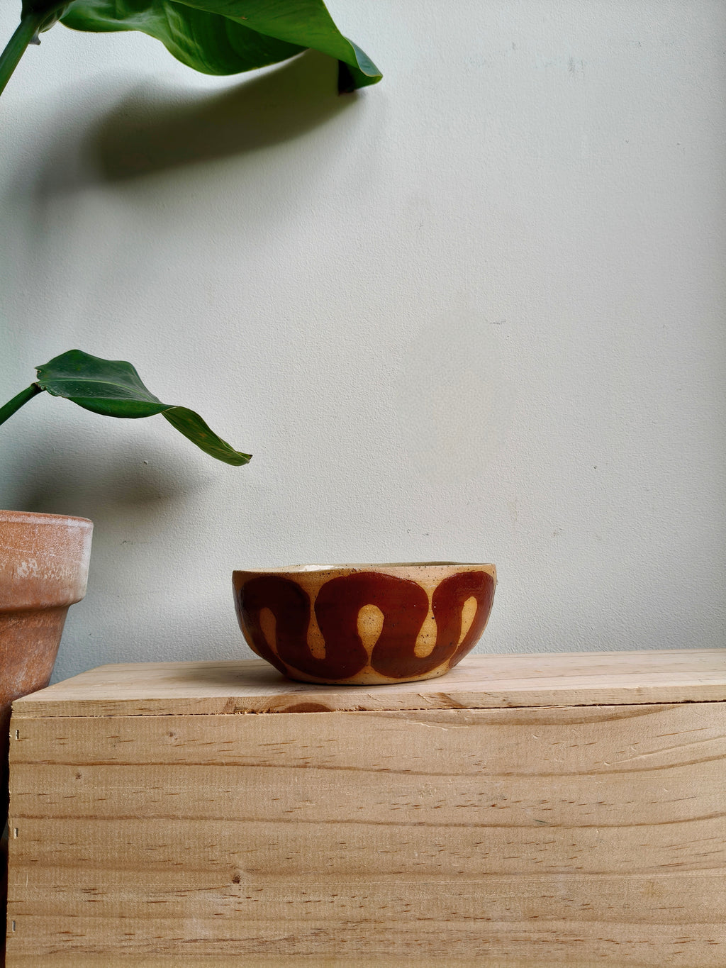 A small handmade ceramic bowl with a brown and beige wavy pattern sits on a light wooden block against a neutral wall, with a potted plant leaf in the upper left corner.